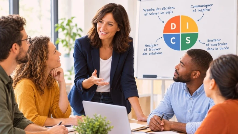 Équipe en réunion autour du management et du modèle DISC, avec une manager présentant les profils D, I, C et S sur un tableau.